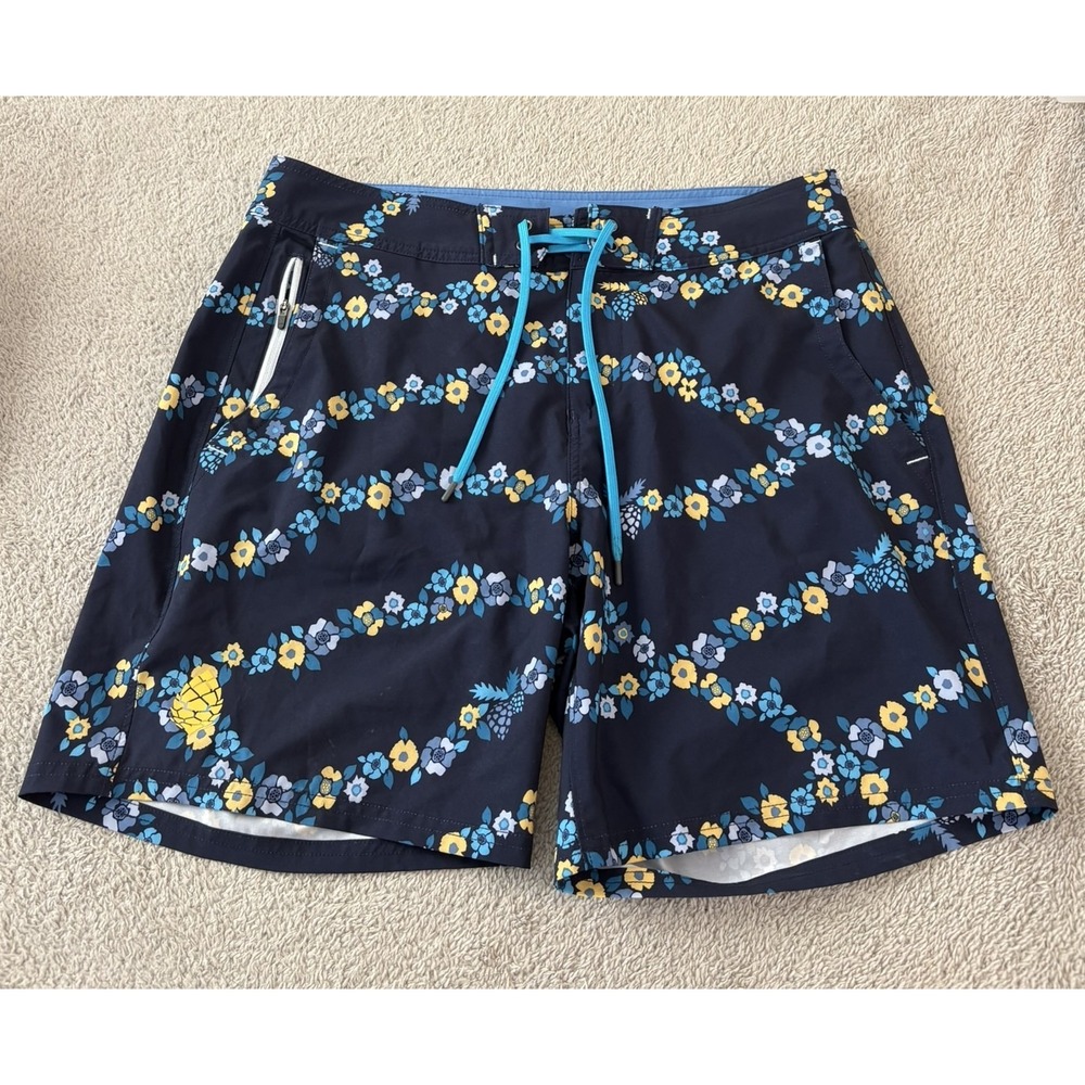 Stio CFS Board Shorts Mens 33(34)x16 Navy Floral Pineapple Print Swim Surf Gym
